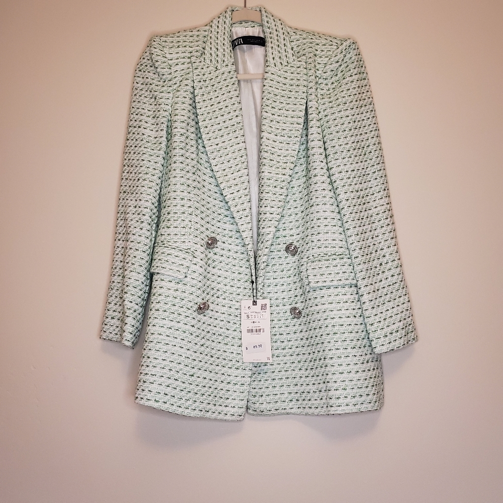 Zara Tweed Blazer Jacket Green
